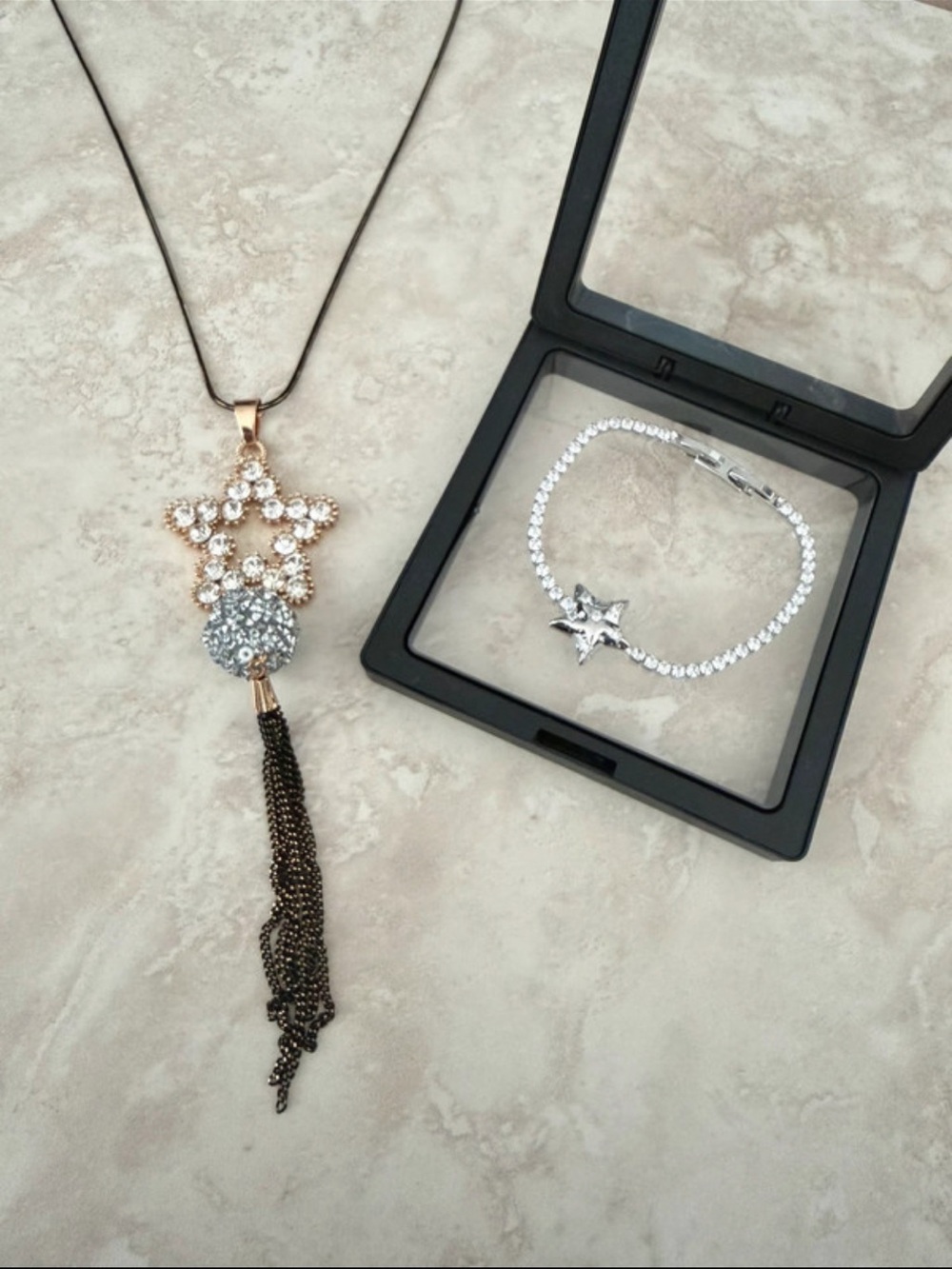 Crystal Star Pendant Necklace with Tassel and Star bracelet